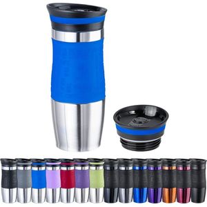 Thermosbeker 400 ml + 1 extra deksel - roestvrij staal - siliconen soft-touch greep - BPA-vrij - thermosbeker dubbelwandig - reismok - koffiemok to go, kleur: blauw
