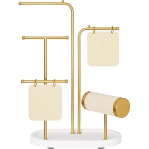 Sieradenstandaard - Metalen frame met 2 kleine oorbellenorganizers, 4 hangende staven voor kettingen, armbanden en ringen in metallic goud JJS025A01