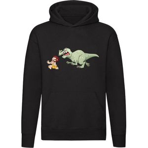 Dinosaurus rent achter holbewoner aan Hoodie - dino - t-rex - geschiedenis - planeet - oermens - grappig - unisex - trui - sweater - capuchon