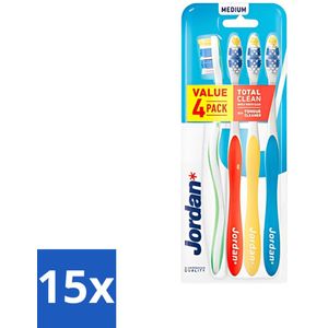 Jordan - Total Clean - Tandenborstels Medium - 4 Tandenborstels - Bulkverpakking - 15 stuks