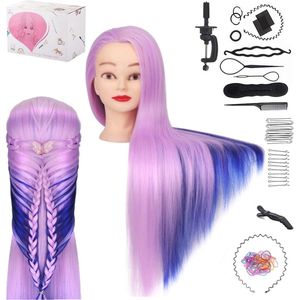 Trainingsoefenhoofd voor kappers, 65 cm, 100% synthetisch haar, inclusief accessoires, ideaal voor kinderen en cosmetologie