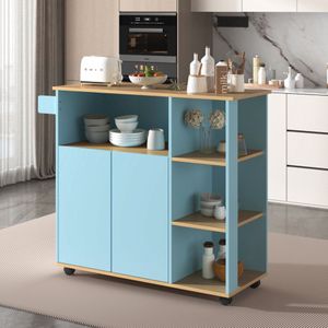 L105cm x B38cm x H84cm - moderne minimalistische eetkamer trolley dressoir - houtnerf werkblad - magnetron plank - 360° zwenkwielen - geschikt voor keuken en eetkamer - lichtblauw