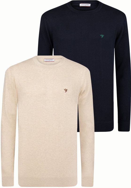 Felix Hardy Sweater Ronde Hals - 2 Pack Heren Beige-Navy - M