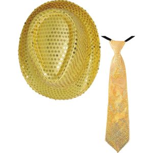 Toppers - Carnaval verkleed set - hoedje en stropdas - goud - dames/heren - glimmende verkleedkleding