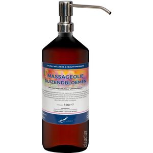 Massageolie Duizendbloemen 1 liter met zilveren pomp - amber fles - 100% natuurlijk - biologisch en koud geperst