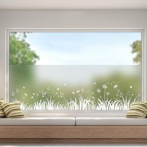 Matte Raamfolie voor Privacy - Verwijderbare Statische Films voor Keuken, Badkamer, en Kinderkamer - Gras, Paardenbloem, Vlinder Design (44,5 x 200 cm)