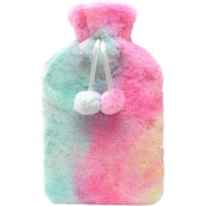 Regenboog Tie Dye Faux Bont Warmwaterkruik met Poms - Thermotherapie Warmwater Pluche Fleece - Flessen Hand Voeten Warmer - Nek- en Schouderpijn Verlichting - Winter Gift