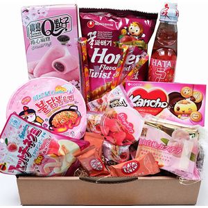 Pink Edition Candy Snack Drink Giftbox - SAMYANG Carnonara Noodle - Mochi Roll - Japan Kitkat Chocolade - Japan Ramune Drink- Asian Snoep Snack pakket - Korean Instant Ramen - Jelly Straws - Verjaardagcadeau - Kerstgeschenk - Relatiegeschenk