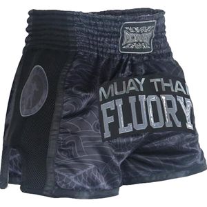 Fluory Kickboks Broekje Muay Thai Short Dragon Zwart Grijs - XL