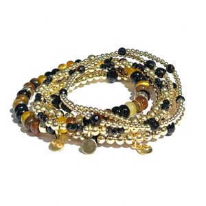 CLAUDIA JEWELLERY | Handgemaakte, tijdloze dames armbandenset 14kt Verguld Goud met Black Agate stenen | Verkleurt niet | Elastisch, geen slotje | Ideaal om te combineren | Cadeautip