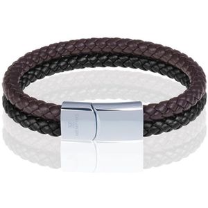 Memphis Dubbele leren armband Duo Color Zilverkleurig Zwart Bruin-18cm