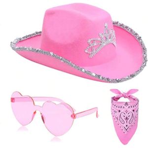 SET: Roze Cowboyhoed met Glitter Tiara Koord, Bril en Sjaaltje - RV Deals | Voor Cowgirls en Cowboys