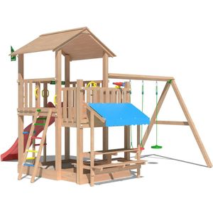 Jungle Gym Speeltoestel van Douglas Hout - Jungle Skyline met Rode Glijbaan - Tuin Speeltoestel voor buiten met Zandbak, Dubbele Schommel en Speelhuisje