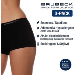 Brubeck Dames Boxershort – Naadloos (Seamless) Elastisch Katoen – 3-Pack - Zwart - XL