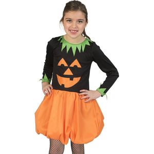 Funny Fashion - Pompoen Kostuum - Afgrijselijke Pompoen Halloween - Meisje - Oranje, Zwart - Maat 116 - Halloween - Verkleedkleding