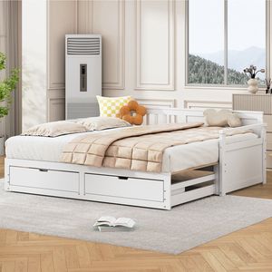 Pugsdrly Eenpersoonsbed Kinderbed Gecombineerd bed Nestbed 90 (180) x 190 cm grenen bed met lades Wit