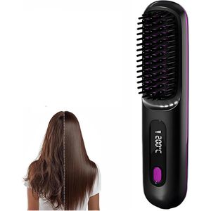 Oplaadbare steilborstel/stijltang met LED-scherm - Draadloze en compacte haarborstel voor stijl & glans - Ideaal voor reizen - Zwart