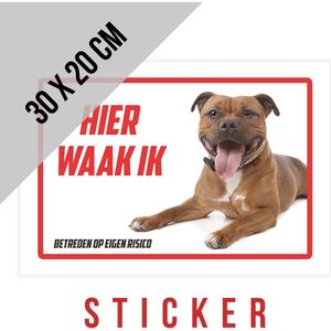 Waakbord/ sticker | Stafford | ""Hier waak ik"" | 30 x 20 cm | Staffordshire-bulterriër | Waakhond | Hond | Chien | Dog | Betreden op eigen risico | Mijn huisdier | Permanente lijm | Rechthoek | Witte achtergrond | 1 stuk