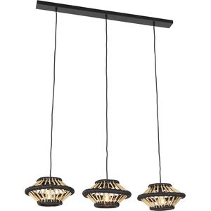 QAZQA evalin - Oosterse Hanglamp eettafel voor boven de eettafel | in eetkamer - 3 lichts - L 100 cm - Zwart - Woonkamer | Slaapkamer | Keuken