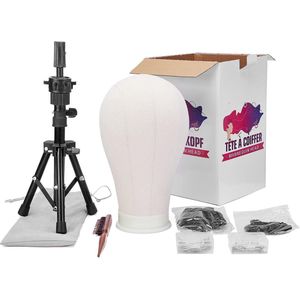 Beauty Pruikenkop 58 cm met Stand, Mannequin Hoofd voor Pruik Oefening - Inclusief T-Pennen, Haarborstel & Verstelbare Pruikstandaard - Hoogwaardig Linnen & Polyurethaanschuim