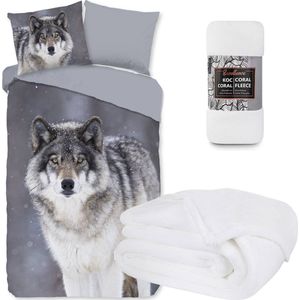 Dekbedovertrek Wolfie - Wolf - 1 persoons - afmeting 140x220 - 100% katoen-flanel - inclusief fleece-deken