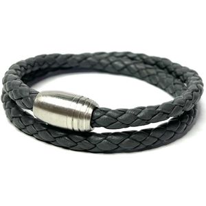 Jolla - heren - wikkelarmband - staal - gevlochten leer - Braided Men's - Grijs