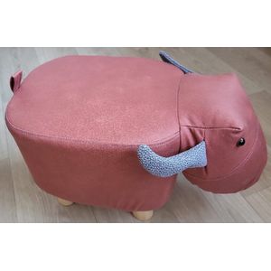 Dielay - Krukje Dieren - Kinderkruk - Hout en PU Kunstleer - 28x25x27 cm - Waterbuffel Rood