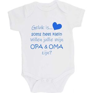 100% katoenen Romper Zwangerschap Aankondiging 2.0 ""Geluk is soms heel klein willen jullie mijn OPA & OMA zijn?"" Unisex Katoen Wit/blauw Maat 56/62