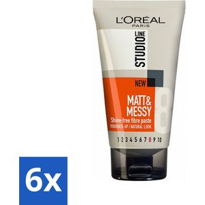 6 x L'Oréal Studio Line Matt & Messy Zero Shine Fibre Paste 150 ml - Haar Gel - Matte Styling - Ruig Haar - Haar Fixatie - Stylingpasta
