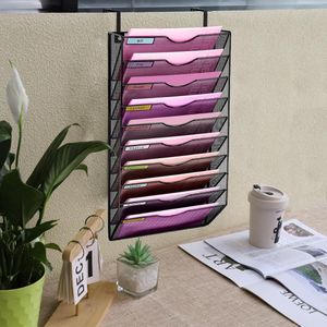 Mesh Muur Bestand Houder Organizer - Kantoor Opknanging - Tijdschrift Rack - 10 Zakken - Nametag Label Haken - Zwart