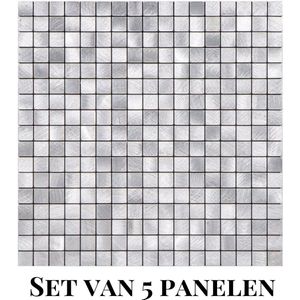 Wallways Wandpanelen - Plaktegels - Set van 5 Tegels - Tegelsticker - Zelfklevende Tegels - 4MM dik - Aluminium toplaag - Waterdicht - Krasbestendig - Hittebestendig - 3M Kleeflaag - Vierkant Zilver