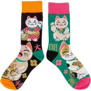 Sokken met Lucky Cat - Verschillende grappige sokken Dames maat 36-41 - Japanse Gelukskat Manaki Neko - met goud