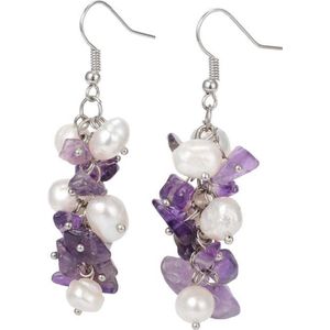 Zoetwater parel en edelstenen oorbellen Pearl Amethyst Chip - oorhangers - echte parels - sterling zilver (925) - amethist - wit - paars