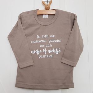 Shirt Aankondiging zwangerschap ik heb de ooievaar gebeld en een nichtje of neefje besteld | lange mouw |zand | maat 86 | tante oom neefje nichtje worden in wording zwangerschap aankondiging bekendmaking Babying Baby