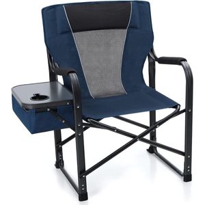 Opvouwbare campingstoel met bijzettafel, opvouwbare regisseursstoel, robuuste draagbare buitenstoel voor volwassenen, draagvermogen 350 lbs, marineblauw