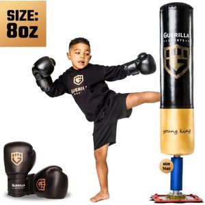 Guerilla Sports – Staande Bokszak ""YOUNG KING""– Inclusief bokshandschoenen - Kickbokszak met stevige voet in hoogwaardige kwaliteit en leren bokshandschoenen (8oz) – Kids – Boksbal kind