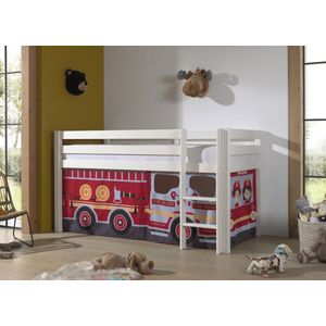 LUCEVI - Pino Halfhoogslaper H115CM + Ladder + Fire Truck Gordijntjes - Wit - 90x200 cm