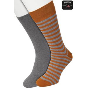 Bonnie Doon Sokken Set Gestreept en Effen voor Heren Bruin/Grijs maat 40/46 - Set met 2 paar Sokken - Strepen - Katoen - Gladde Naad - Brede Boord - Perfecte Pasvorm - 2-pack - Multipack - Oranje - Anthracite Heather - Sudan Brown - OL0121012.487