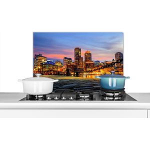 Spatscherm keuken - City - Boston - Skyline - Amerika - Licht - Spatwand fornuis - Achterwand keuken - 70x50 cm - Aluminium