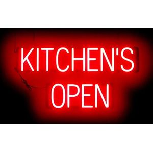 KITCHEN'S OPEN - Lichtreclame Neon LED bord verlicht | SpellBrite | 76 x 38 cm | 6 Dimstanden - 8 Lichtanimaties | Reclamebord neon verlichting