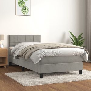 The Living Store Bed 90x200 - lichtgrijs fluweel - pocketvering matras - middelharde ondersteuning - huidvriendelijk topmatras
