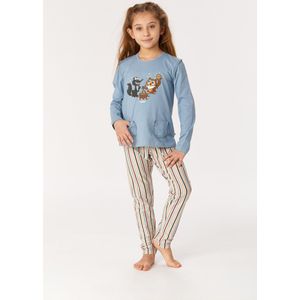 Woody pyjama meisjes/dames - denimblauw - uil - 222-1-PLG-S/819 - maat 128