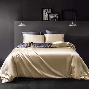 4-delige satijnen beddengoedset, omkeerbaar, 135 x 200 cm, beige, donkergrijs, effen, modern en comfortabel dekbedovertrek met ritssluiting, 2 kussenslopen 80 x 80 cm