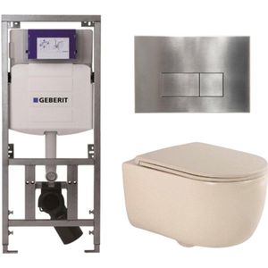 QeramiQ Dely Swirl Toiletset - 36.3x51.7cm - Geberit UP320 Burda inbouwreservoir - slim zitting - steel bedieningsplaat - rechthoekige knoppen - beige
