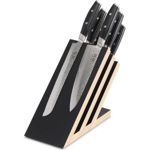 Yaxell Tsuchimon Messenset - 7-delig - Beukenhouten Magnetische Messenhouder met 6 Messen - 3 Lagen Damaststaal - VG10 Staal - Canvas-Micarta Heft