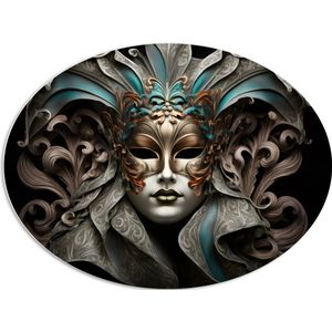 PVC Schuimplaat Ovaal - Wit Venetiaanse carnavals Masker met Blauwe en Gouden Details tegen Zwarte Achtergrond - 96x72 cm Foto op Ovaal (Met Ophangsysteem)