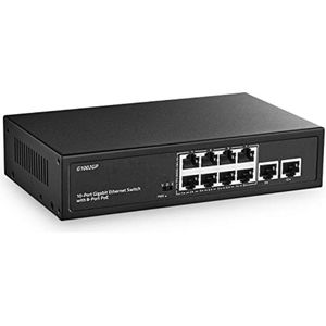 Gigabit PoE Switch met 10 Poorten, 8 PoE+ en 2 Uplinks, 10/100/1000Mbps - Max 120W, Fanless Unmanaged Plug&Play Ethernet Switch