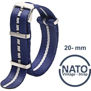 20mm Nato Strap BLAUW  met WITTE Streep - Vintage James Bond - Nato Strap collectie - Mannen - Horlogebanden - 20 mm bandbreedte