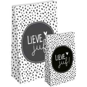 2x Papieren Kraft Zakje- Lieve Juf- 9 x 5 x 16 cm- Bedankje