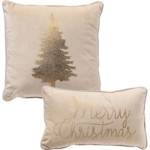 Set van 2 kerst sierkussens - wit en goud - 1x TREE - 1x MERRY CHRISTMAS - inclusief polyester vulling - zachte stoffen - sfeerkussens - Dutch Decor